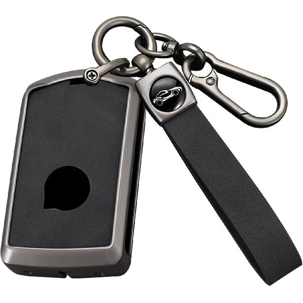 HIBEYO Key Fob Cover Compatible with Volvo Key Case Leather& Zinc Alloy Accessories Compatible with Volvo XC90 XC60 XC40 S60 S90 V90 V60 Polestar 1 Long Keychain Black