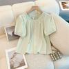 French Mint Bubble Round Neck Shirt - Summer 2026 Design, Short Sleeve, Loose Fit Top
