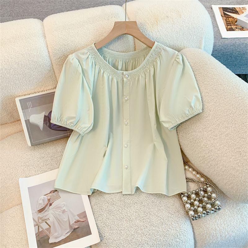 French Mint Bubble Round Neck Shirt - Summer 2026 Design, Short Sleeve, Loose Fit Top