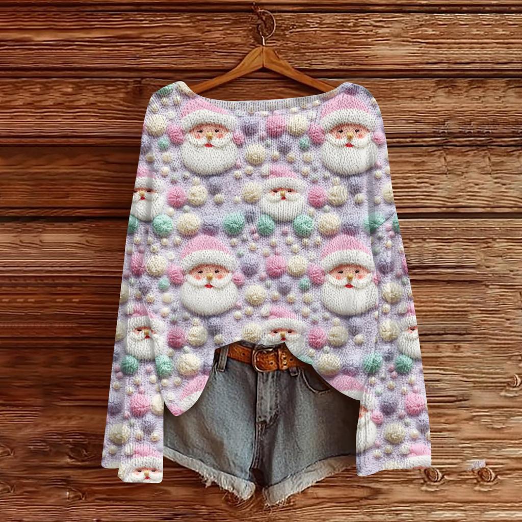 Ladies' Fashionable Casual Long Sleeved Christmas Printed Round Neck Knitted Yarn