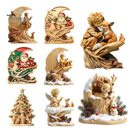 Layered Wood Art Fairy Tale Little Boy and Fox Wooden Figurine, Rustic Desktop Statue, Artistic Carved Holiday Decorations Sculpture Ornament