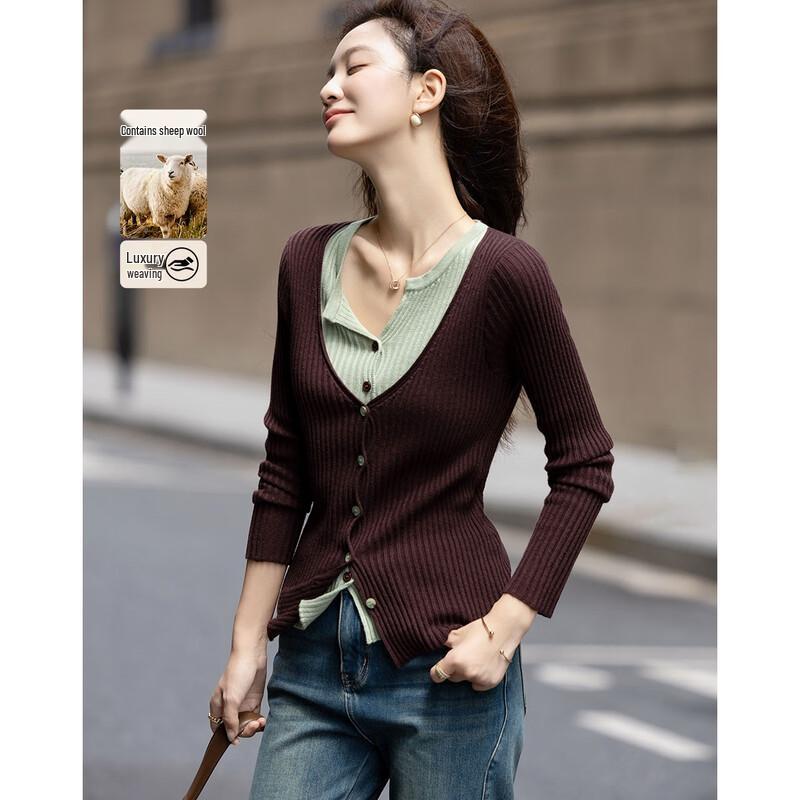Demana Women's Wool Blend Faux Two-Piece V-Neck Cardigan