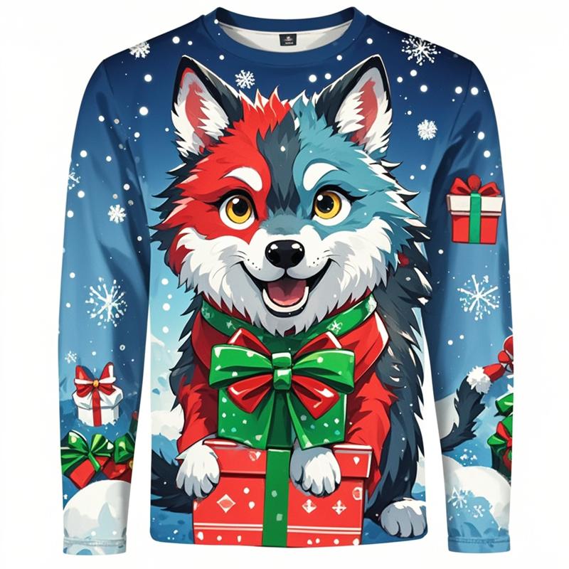 

Різдвяна чоловіча футболка з довгим рукавом, сорочки з 3D-принтом, мультяшна тварина, вовча графіка, чоловічий одяг, топи з довгим рукавом, великий топ 5XL