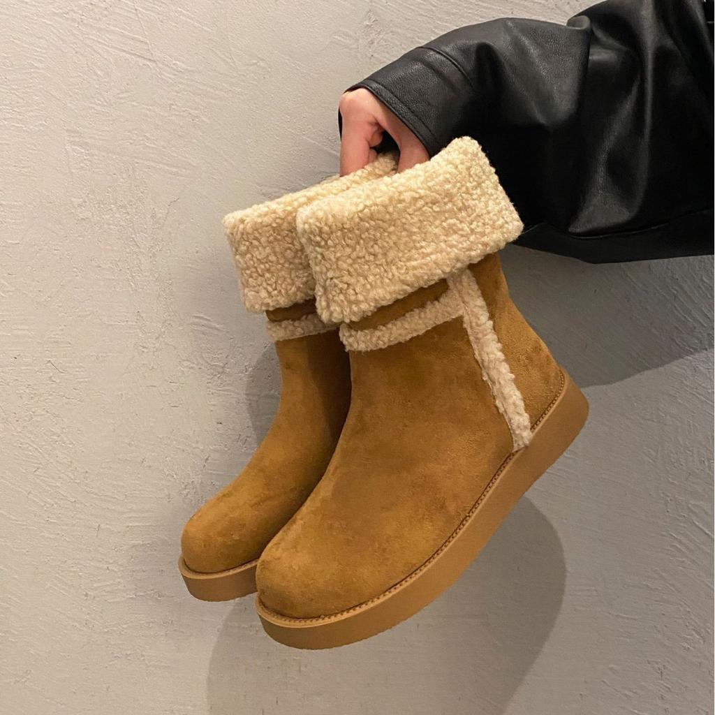 Umklappbare Schneestiefel Damen neu Winter ausländischer Stil zwei Tragevarianten rutschfest warm mittelhochschaftig kurze Stiefel Samt Nordost große Baumwollschuhe