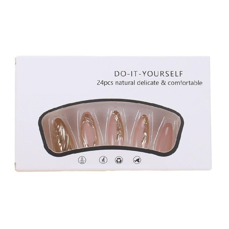 24Pcs Short Almond Gold Press On Nail With Carved Ripple Design Full Cover False Nail for Unique And Stylish Look