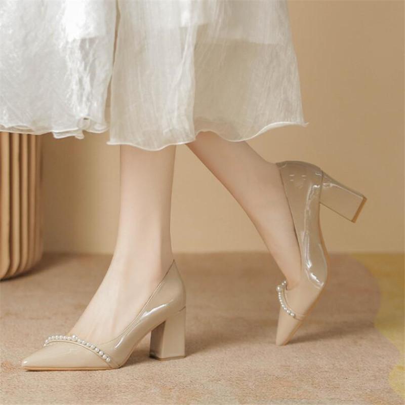 Spring Patent Leather Slip-On Chunky Heels High Heels  Shoes Pointed Toe Shallow Women's Wedding Office Shoes Female Pumps