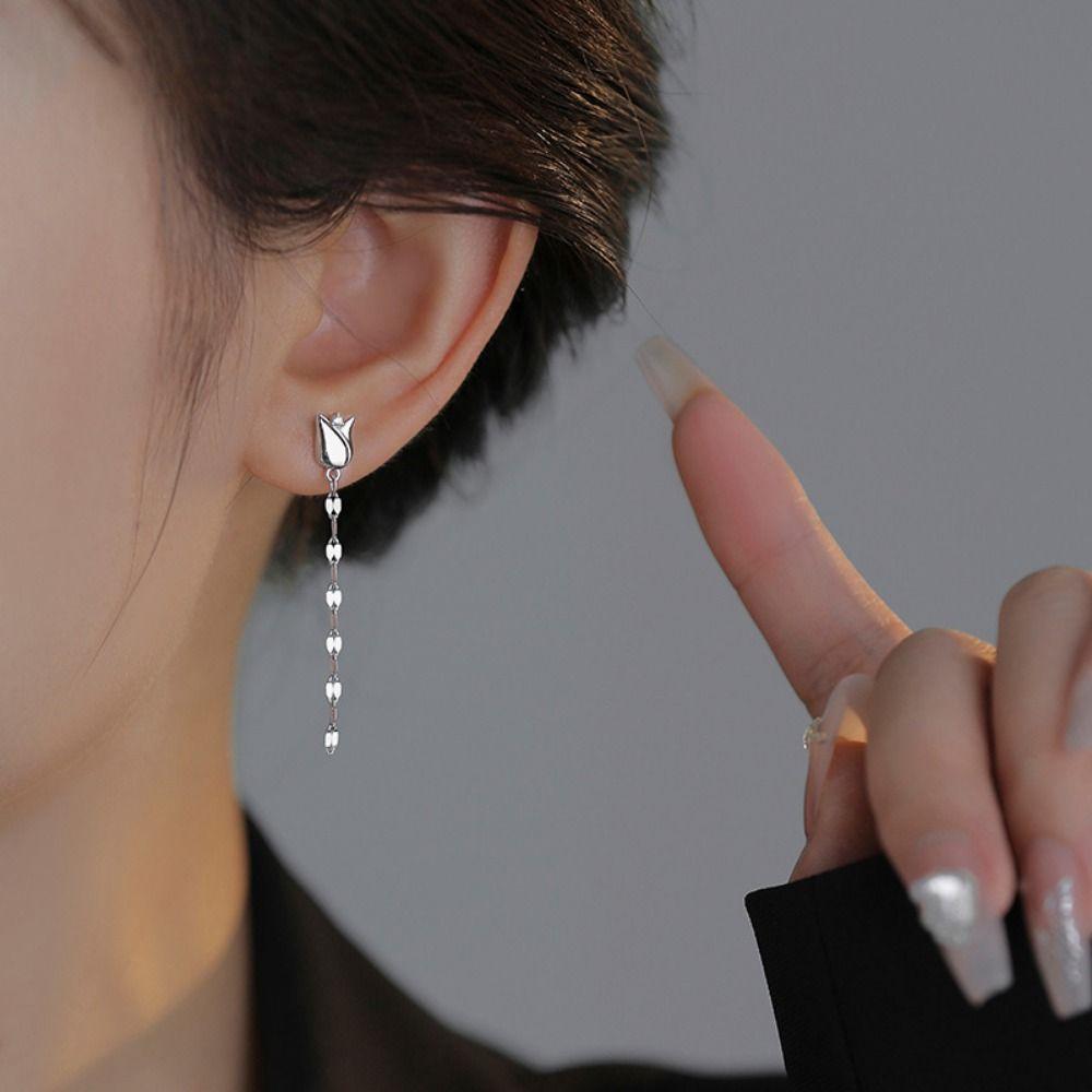 Advanced Sense Rose Tassel Earrings Light Luxury Tulip Flower Earrings Long Tassel  Earrings  Party