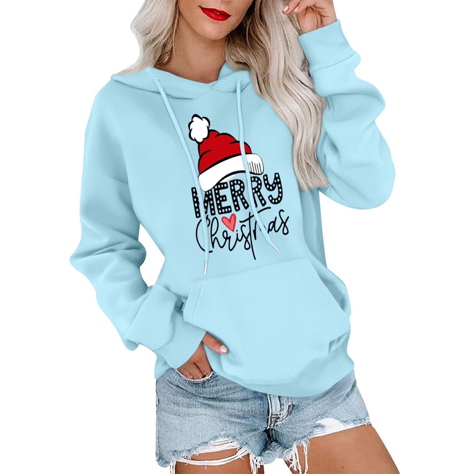 

Women s Casual Comfortable Neck Hooded Long Sleeve Christmas Print Warm Sweatshirt L
