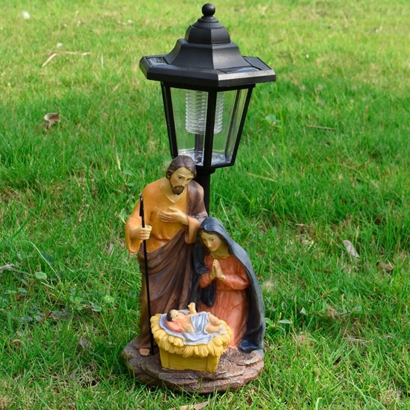 Solar Light Nativity Manger Scene Resins Sculpture Holy Family Ornament For Outdoor Garden Christian Home Decoration