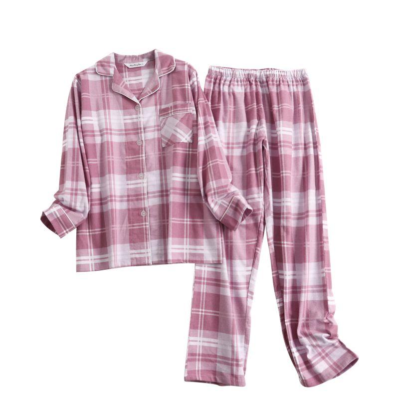 Women Plaid Casual Pajama Set Button Shirt Top and Pants