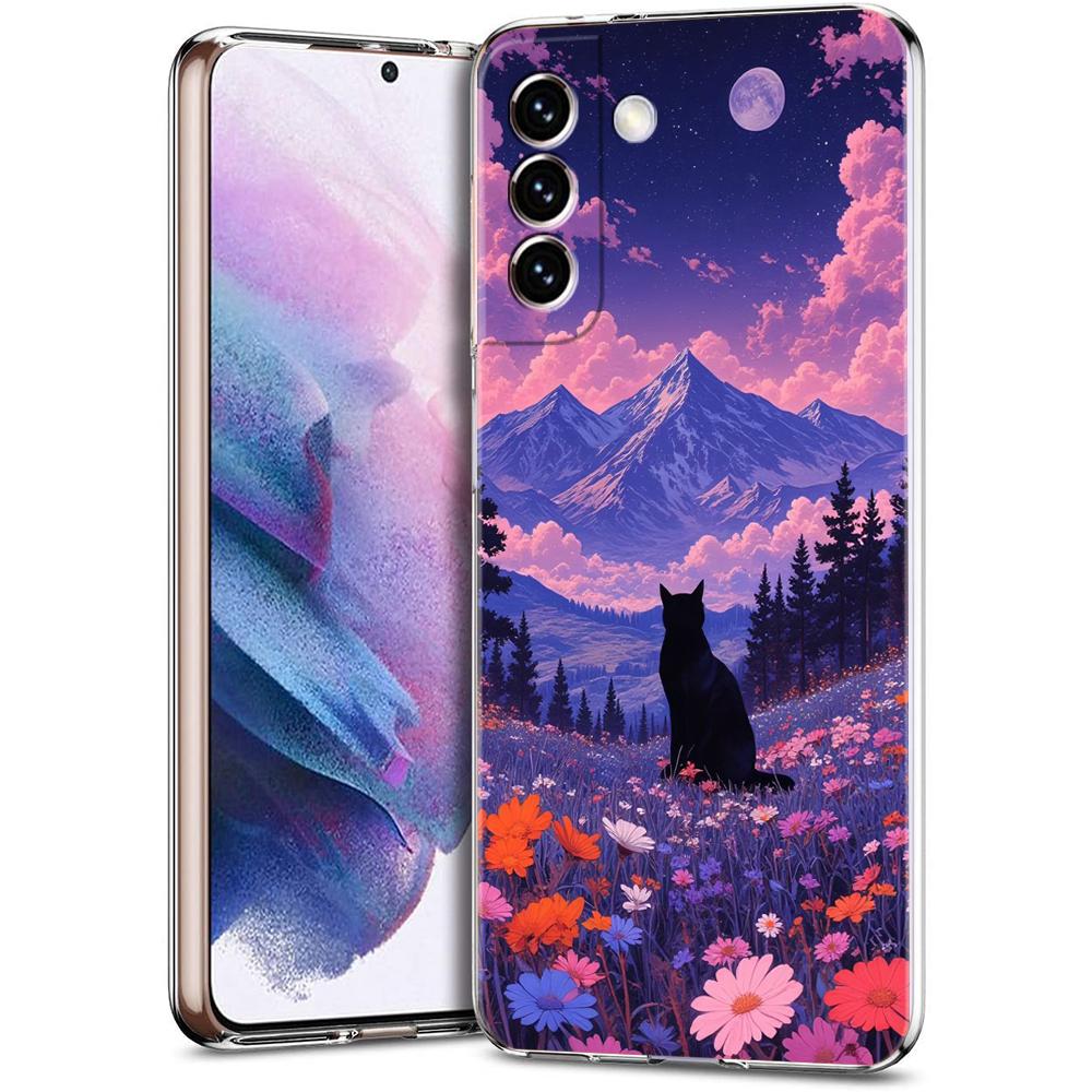Transparent Phone Case Cover for Samsung Galaxy S25 S24 S23 S22 S20 S21 FE Ultra S24 S23 S10 S10E Plus Funny Sunset Cat Pattern