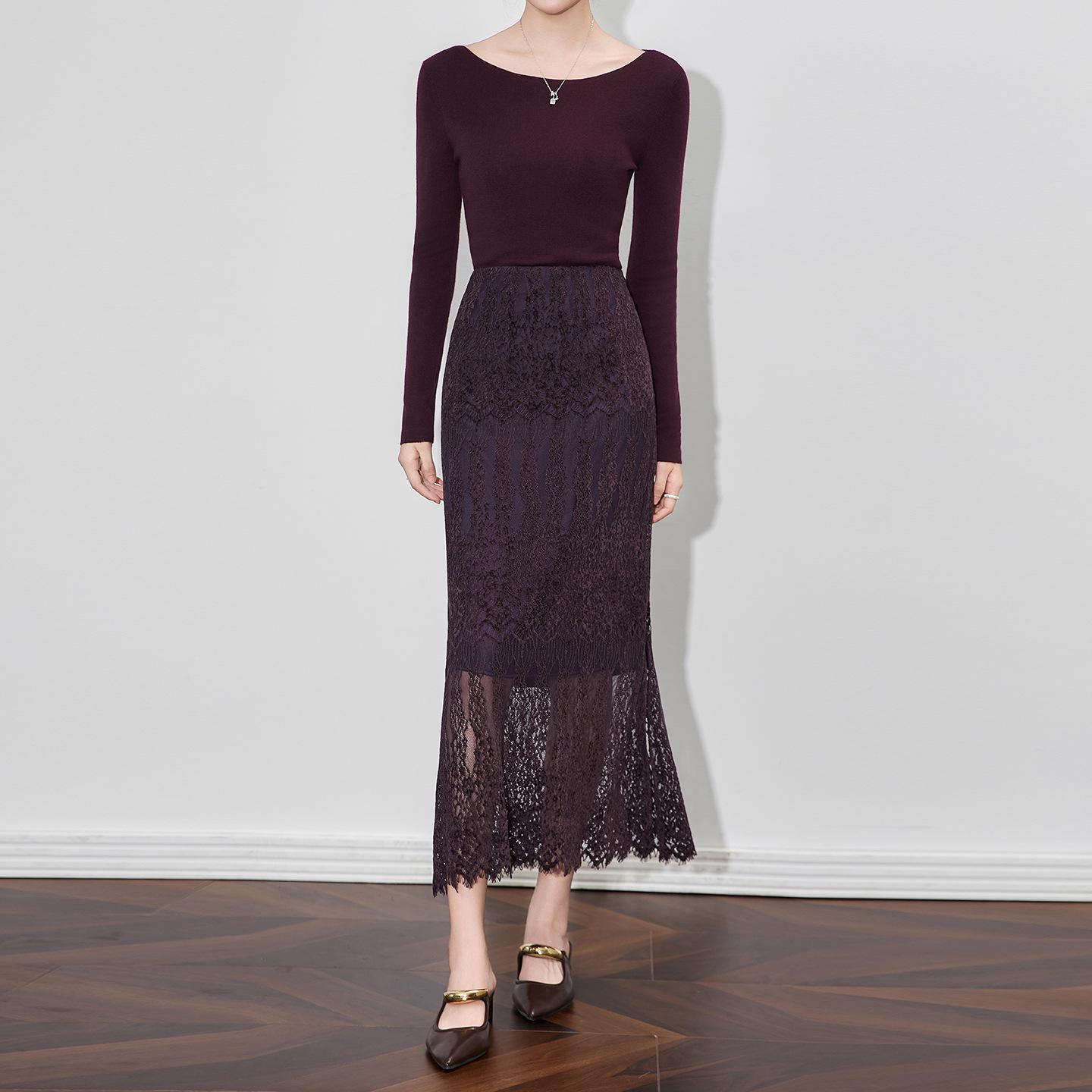 

Exquisite Chenille Lace Midi Skirt with Cutout Pattern and Slit Large