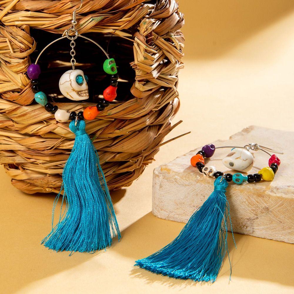 Rice Bead Skull Drop Earring Tassel Ear Jewelry Accessories Fashion Halloween Earrings  Party