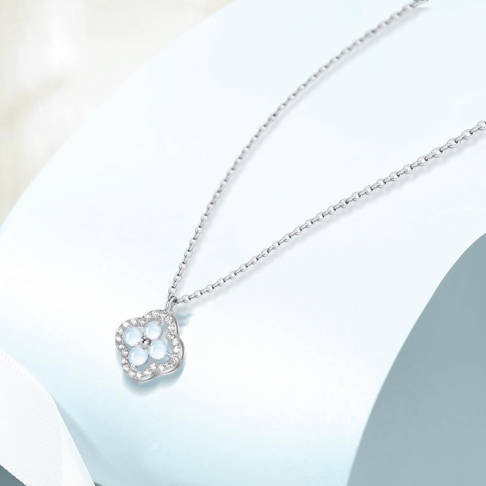 Moonstone Necklace for Popular of Good Silver Metal Four Leaf Clover June Present [Free Bird] Women, "Symbol Luck" 925, Allergy, Pendant, Birthstone,