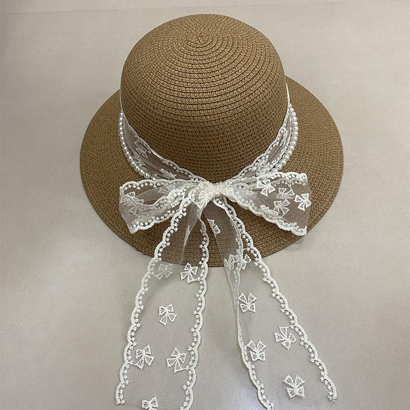Delle Sweet Pearl Lace Bow Straw Hat Women'S Seaside Beach Hat French Straw Top Hat Sunscreen