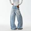 Angel Wing Print Scimitar Jeans West Coast American Pants High Street Vibe Loose Silhouette Straight Pants