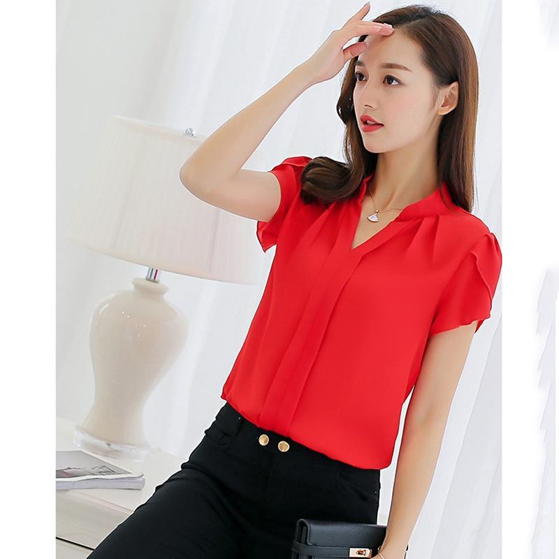Kadın Moda Yaz Şifon Casual Gömlek V Yaka Kısa kollu Şifon Gömlek Casual Vahşi Gömlek