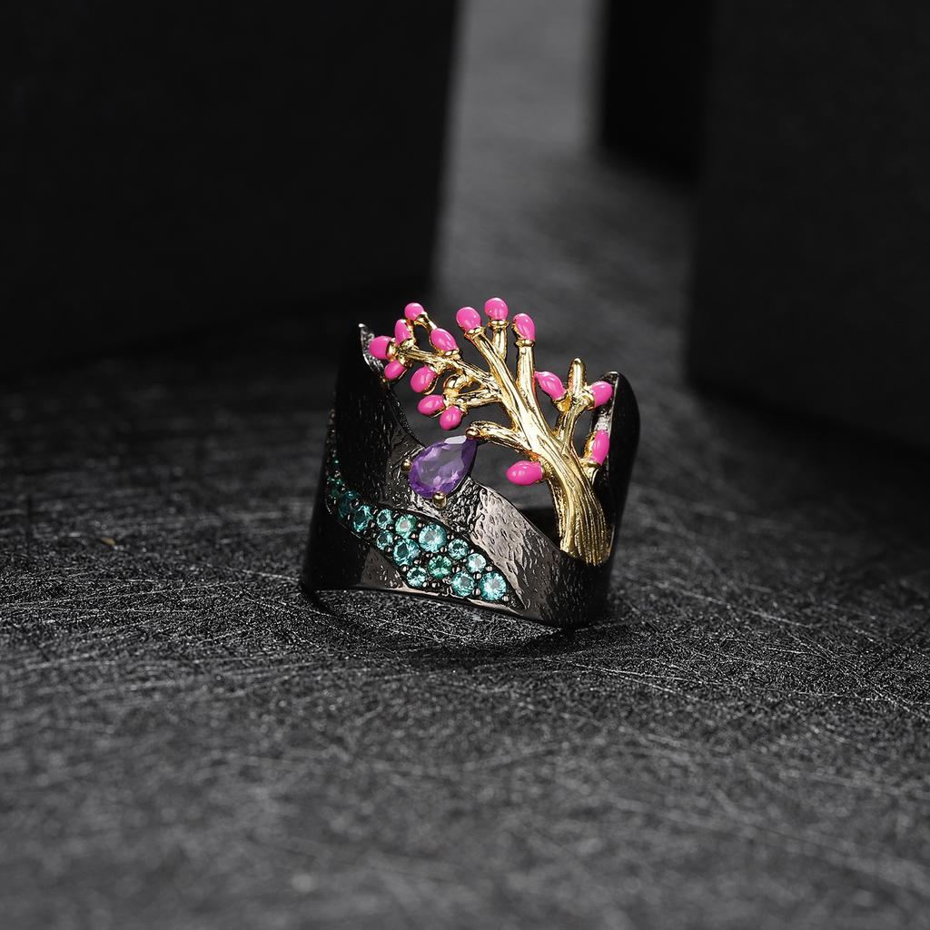 Original Designer Natural Style Tree of Life Ring Italian Craft Retro S925 Silver Natural Amethyst Ring