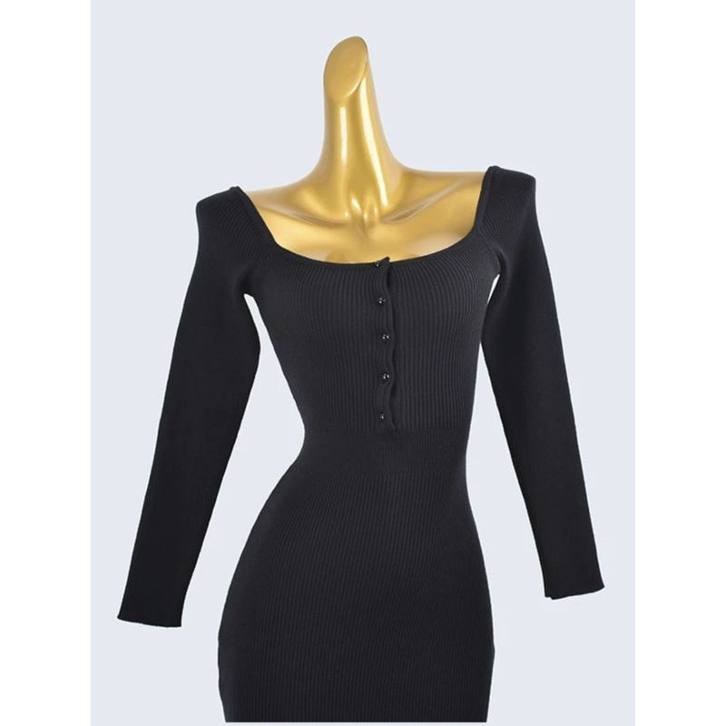 Cut Label Fall and Winter Square Collar Long Sleeve Silm Sheath Dress Pure Color Mid Length Long Length Fashion Wind Inner Wear Outer Wear Female