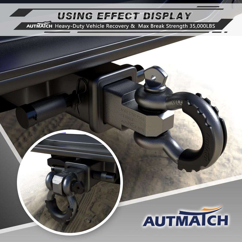 AUTMATCH Schäkel Anhängerkupplungsaufnahme mit und Schäkeln und Anhängerkupplungsschloss Fahrzeugbergungsempfänger-Kit mit einem kg Bruch Gunmetal Grau 2" 7" D-Ring 6"