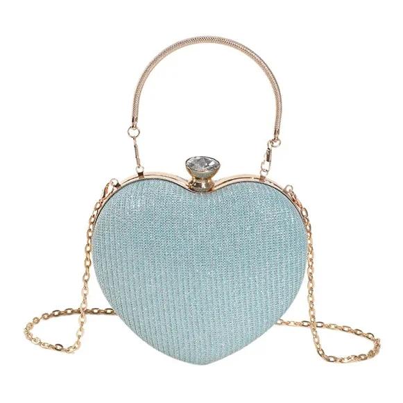 Borsa da sera con pochette, borsa da donna, borsa a mano lucida, a forma di cuore, in metallo, borsa a tracolla con catena alla moda, borsa di lusso da donna.
