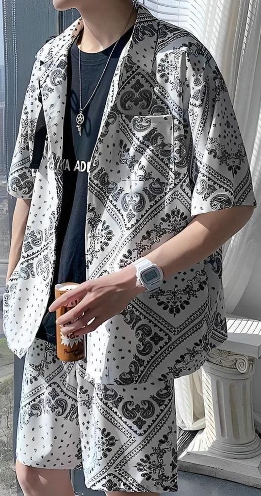 Paisley Pattern Short Sleeve Shorts Top and Bottom Set Street Style Collared Shirt and Shorts Set Short Sleeve Set Setup 2 Piece Set Patterned Shirt