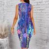 Women Plus Size Sleeveless Round Neck Midi Bodycon Dress Colorful Watercolor Floral Print Slim Fitted Dress