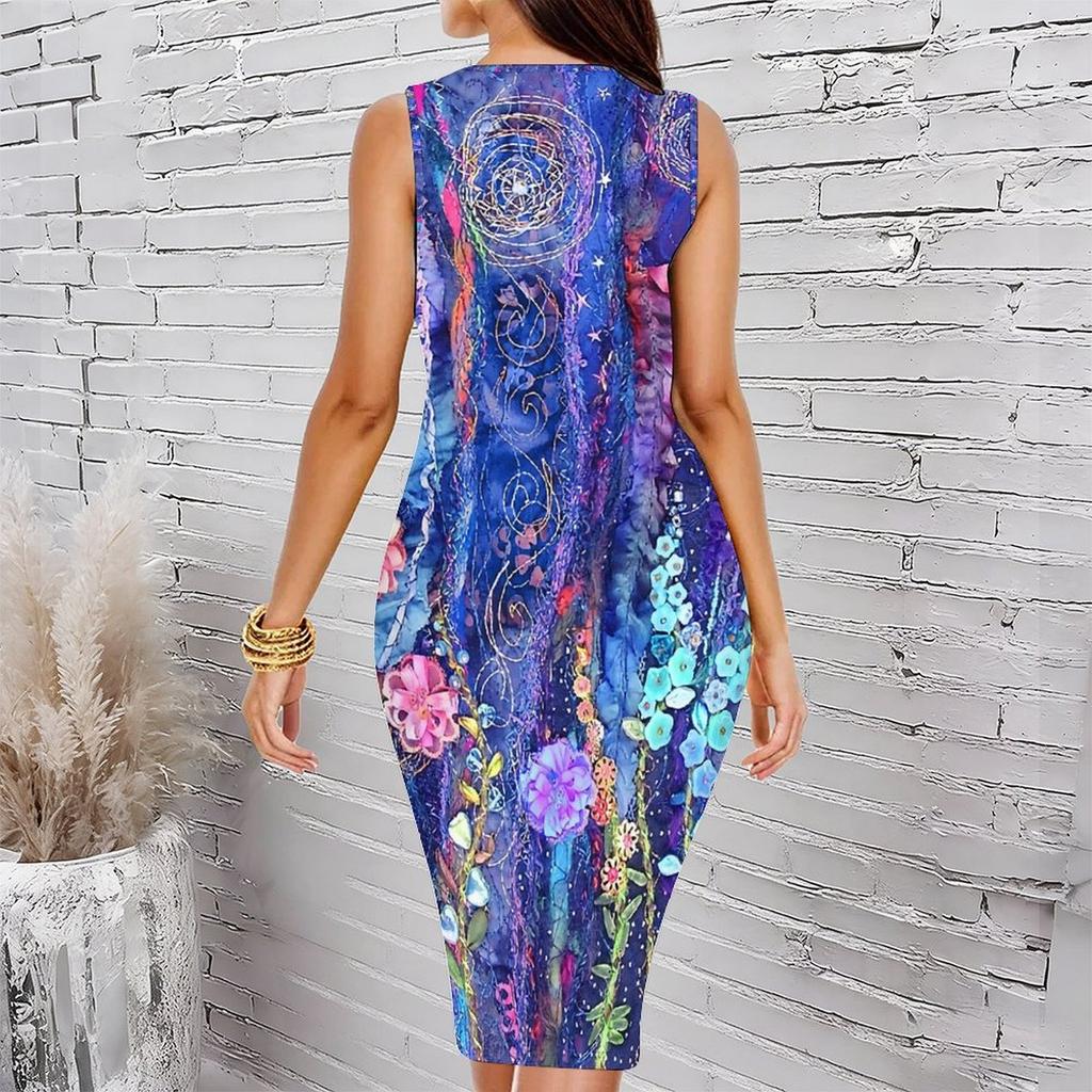 Women Plus Size Sleeveless Round Neck Midi Bodycon Dress Colorful Watercolor Floral Print Slim Fitted Dress