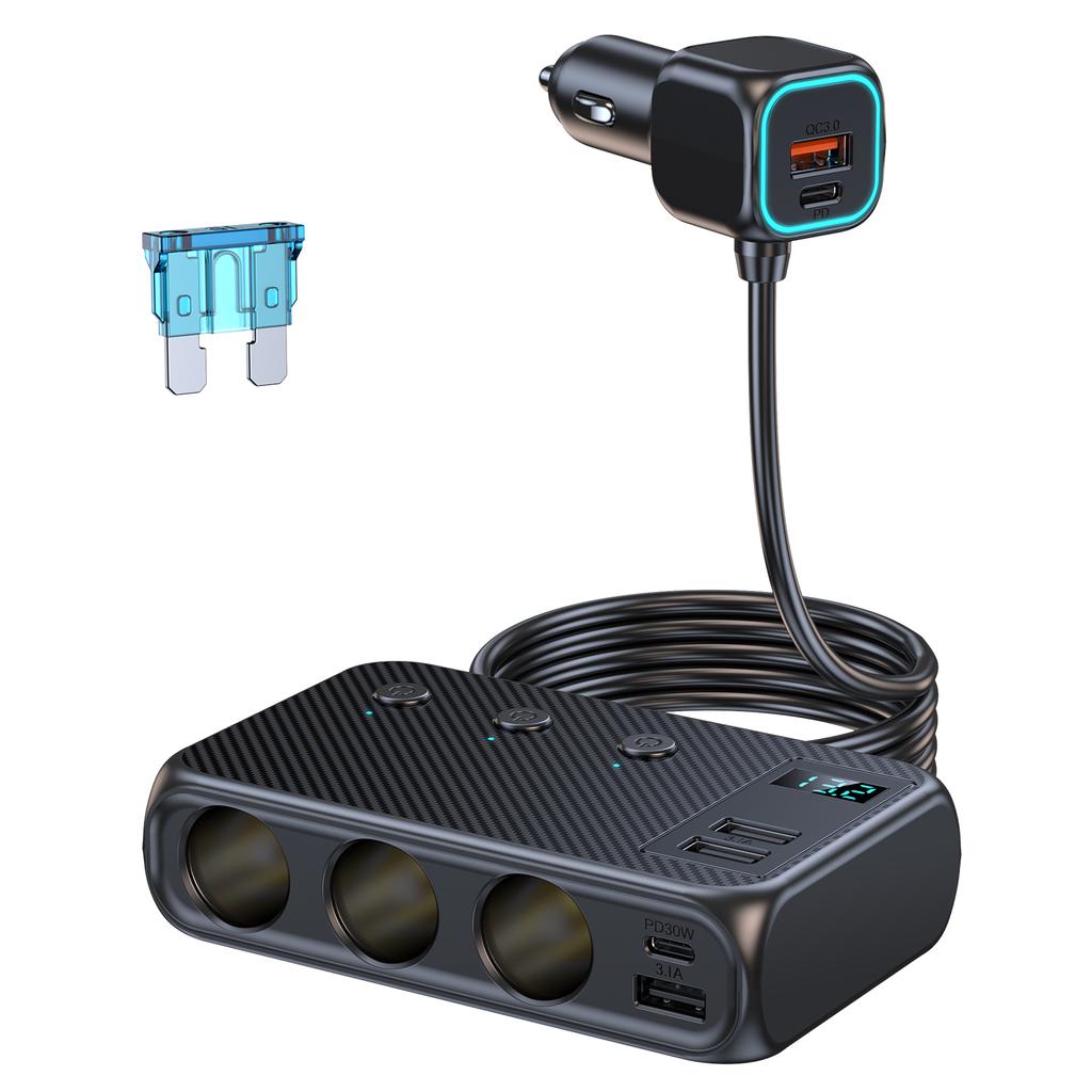 171W Autoladegerät-Adapter 9 in 1 Steckdosenverteiler PD30W/QC 3.0 Unabhängige Schalter 12V/24V DC-Ausgang