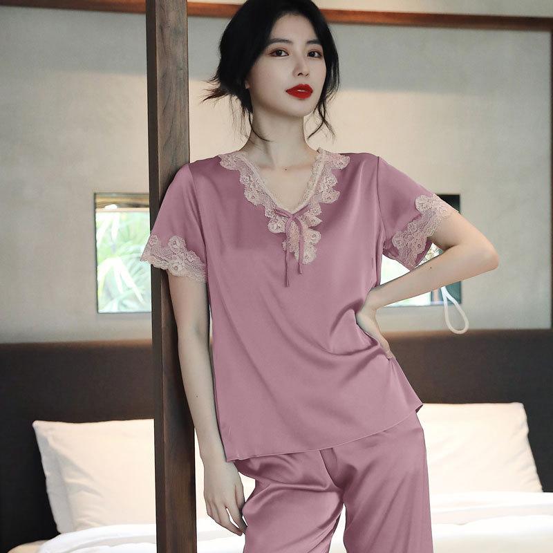 

Women’s Summer Ice Silk Short Sleeve Top and Shorts Pajama Set Lightweight Sexy Sleepwear Loungewear Wearable Outdoors XL червоний