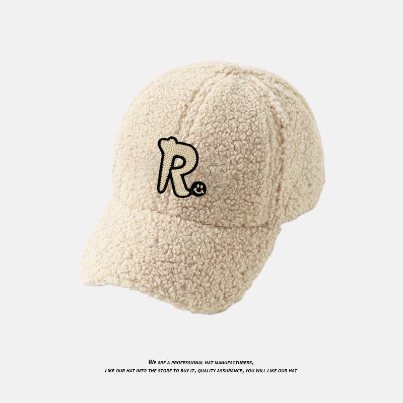 Hat Women's Autumn and Winter R Letter Couple Versatile Cold Proof Baseball Cap Lamb Velvet Thick Warm Wide Brim Peaked Cap for Men