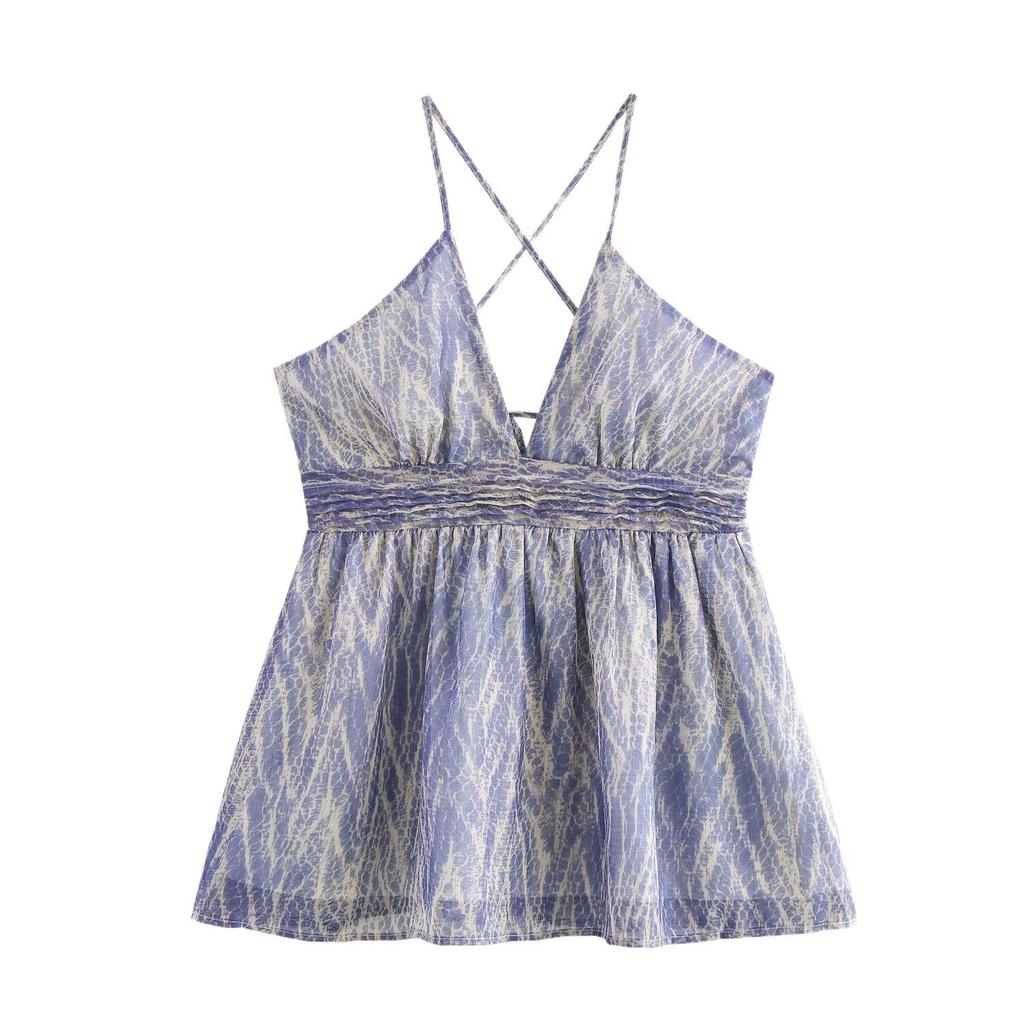 Spring/Summer 2025 Sexy Backless V-Neck Spaghetti Strap Short Print Dress