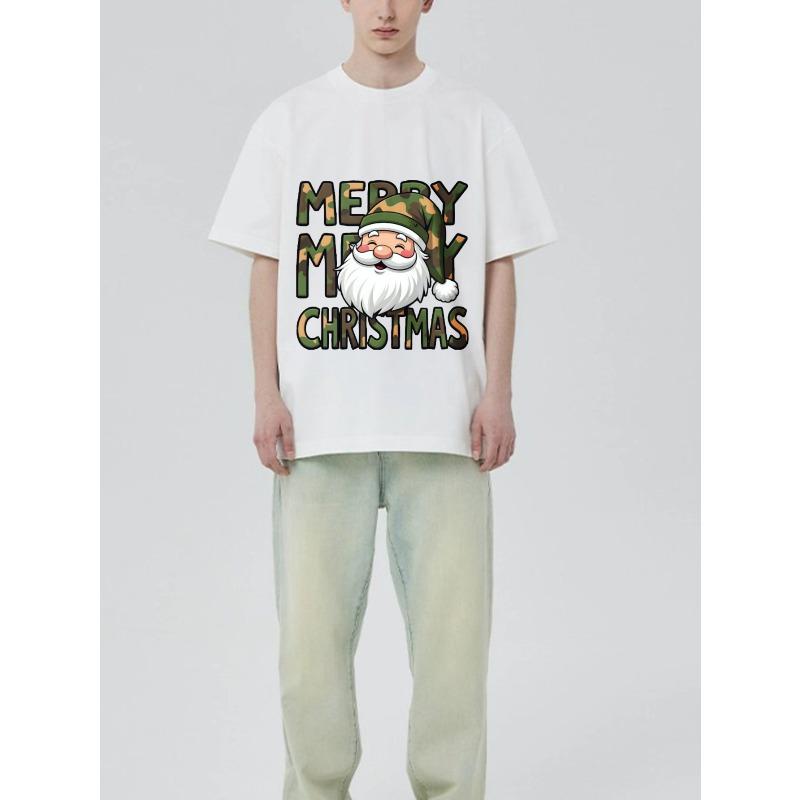 Christmas T-Shirt Black Camouflage Santa Claus Merry Christmas Print Holiday Party Wear