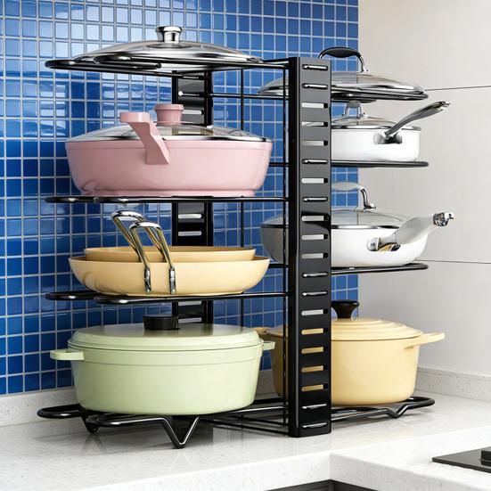 Szintes Állítható Serpenyőrendszerező Edénytároló Állvány Edény- és Serpenyőtartó Lábasállvány Konyhai Pultra és Szekrénybe