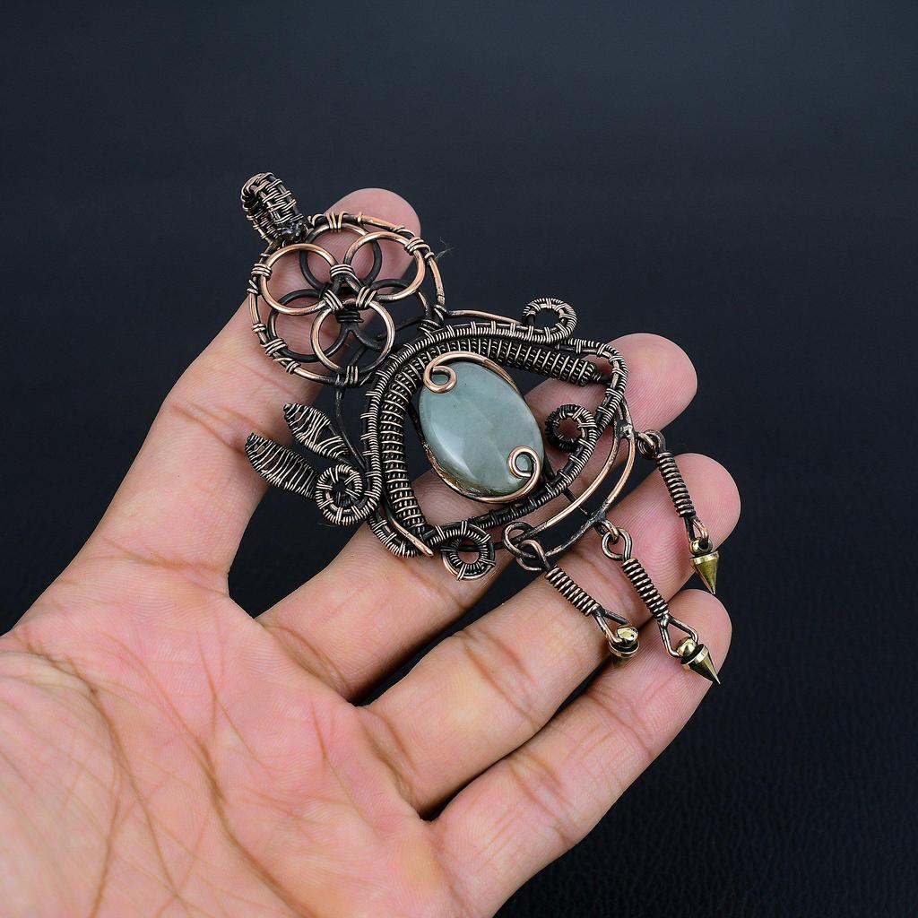 Aquamarin 999 Kupferdraht gewickelter Anhänger, Handgefertigter Edelsteinanhänger Schmuck, Geschenke für Ehefrau Brandneuer Anhänger