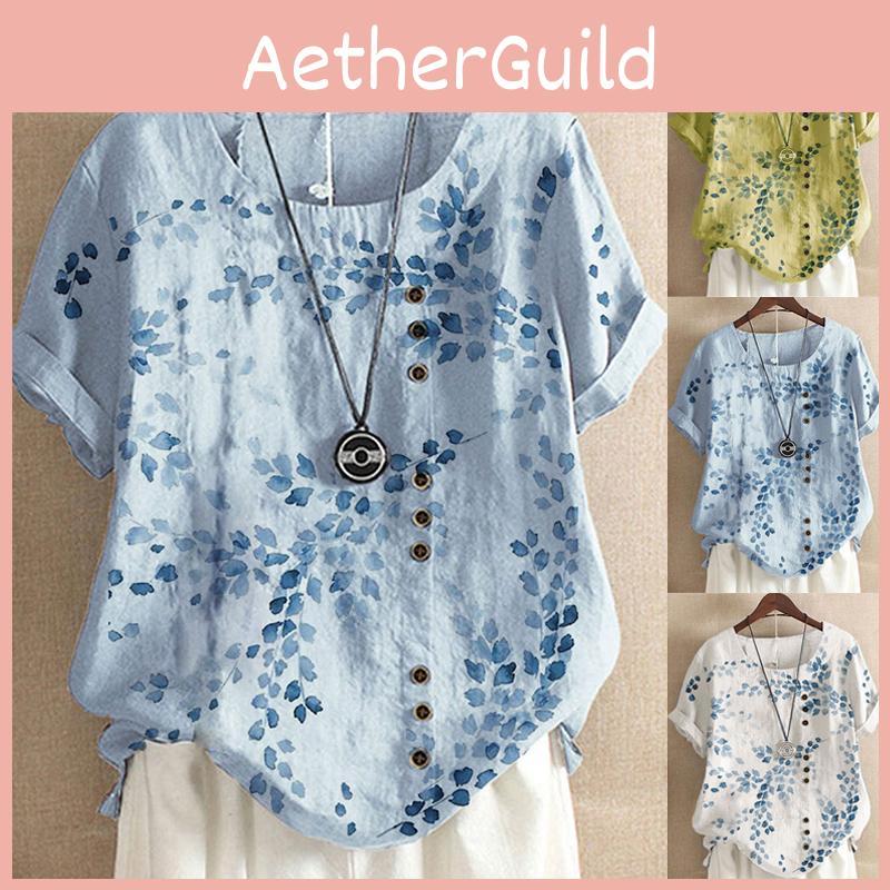 Women's Cotton Linen Floral Blouse With Short Sleeves For Summer Comfort