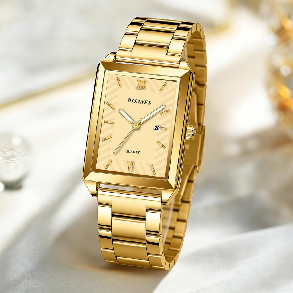 4pcs/set Men'S Fashion Watch, Necklace, Ring, Bracelet Set | Square Dial, Men's Casual Watch Quartz Watch for Men