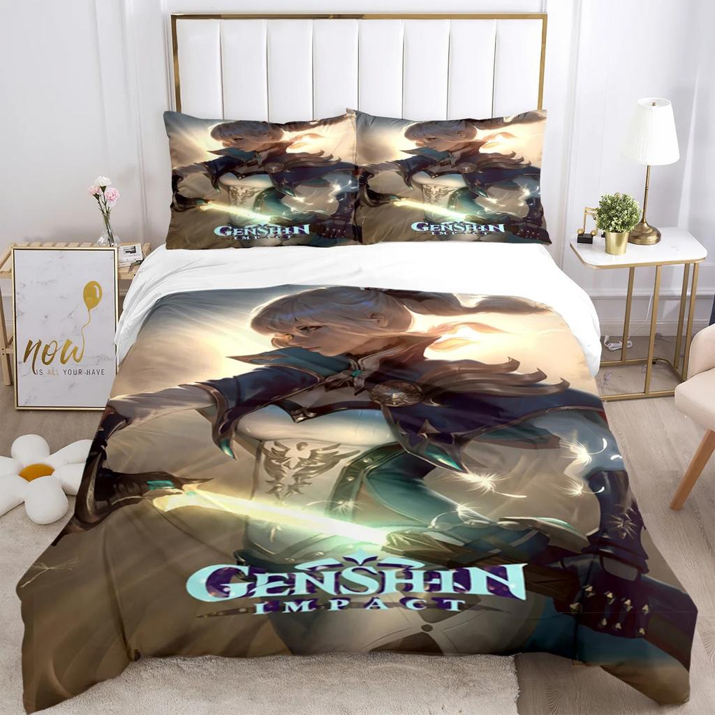 Genshin Impact Print Three Piece Bedding Set Fashion Article Children or Adults for Beds Quilt Covers Pillowcases Bedding Set