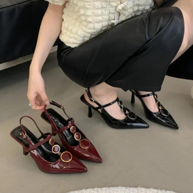 Fashion Sexy Thin High Heels Women Designer T-Strap Banquet Dress Shoe Button Hollow Pointed Toe Office Pumps Female Brand Sandals Women