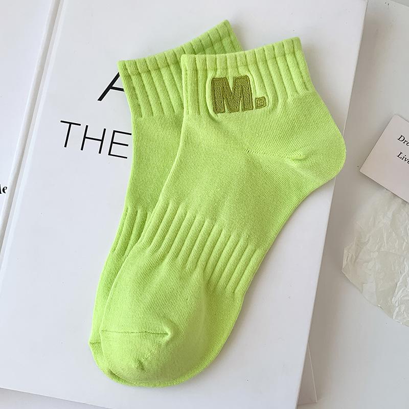 Women's Spring and Summer Short Socks, Solid-colored Cotton Socks, Embroidered Candy-colored Sports Socks, Thin Boat Socks