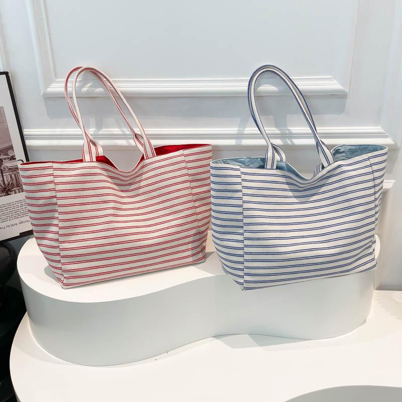 Striped canvas bag new tote leisure bag shoulder large capacity tote bag shopping bag