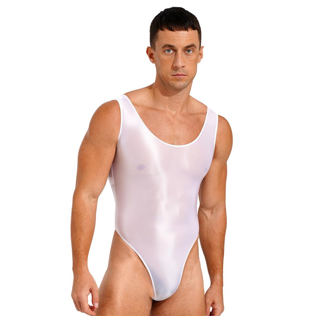 Mens High Cut Sleeveless Bodysuit Glossy Backless Leotard One-Piece Swimsuit Yoga Fitness Swimming Performance Wear