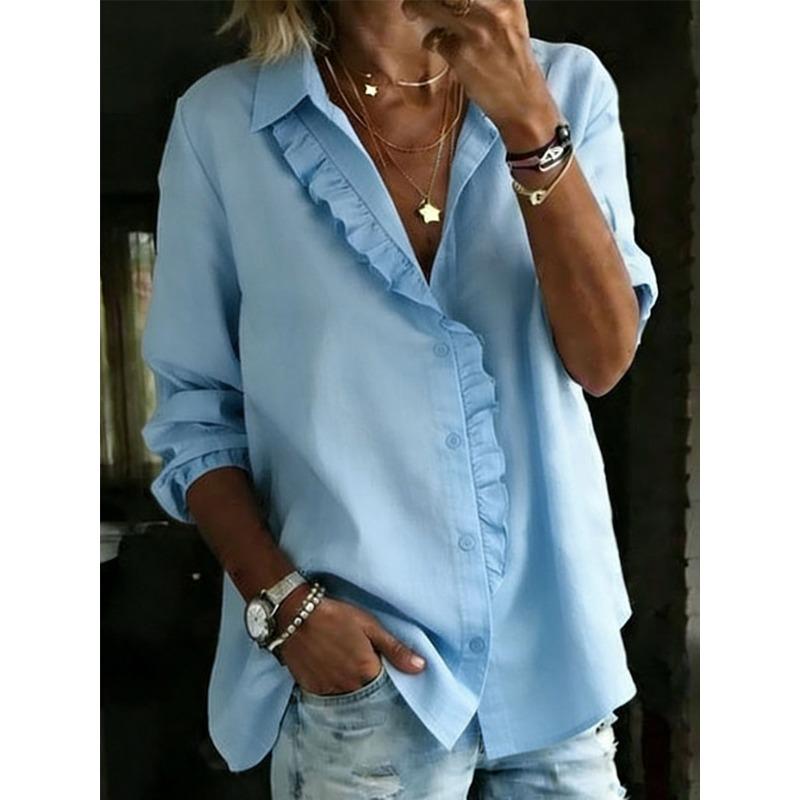 IHUASU Women's Fashion Casual Solid Color Print Long Sleeve V-Neck Blouses & Shirts