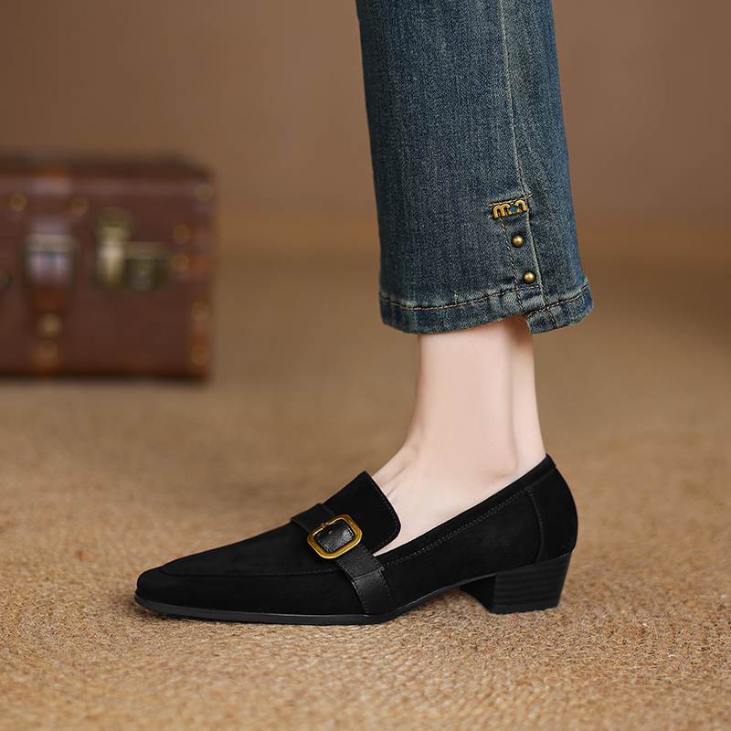 Krazing Pot Sheep Suede Autumn Winter Shoes Metal Buckle Loafers Med Heels Slip on Size 42 Round Toe Slip on Deep Mouth Pumps