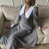 Vintage französisches Temperament Revers Spitze Karomuster schick einreihig Taille Ballonärmel Kleid mit Gürtel