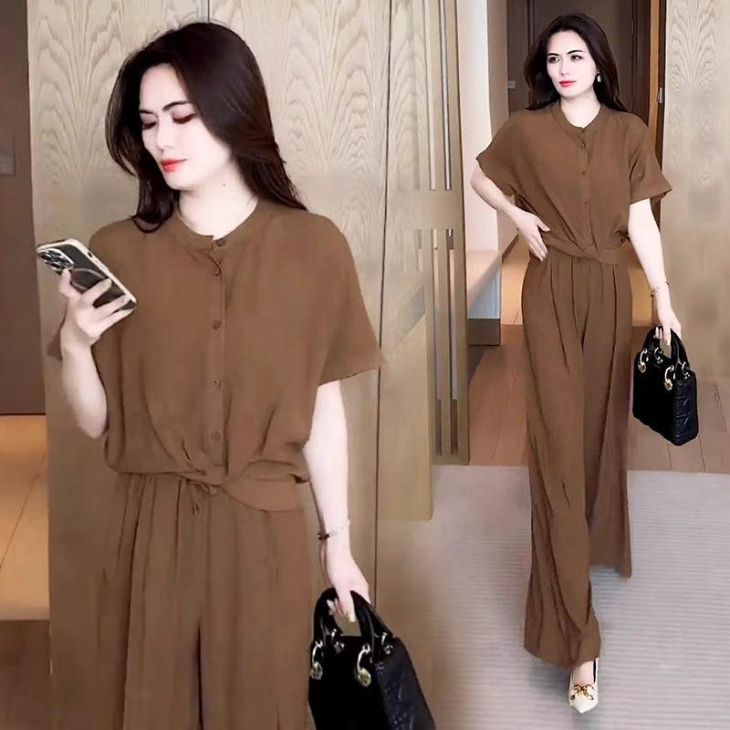 

Мода лета 2025 для больших размеров: Женский повседневный костюм-двойка с топом с коротким рукавом и брюками палаццо 3XL (145-160 jin)