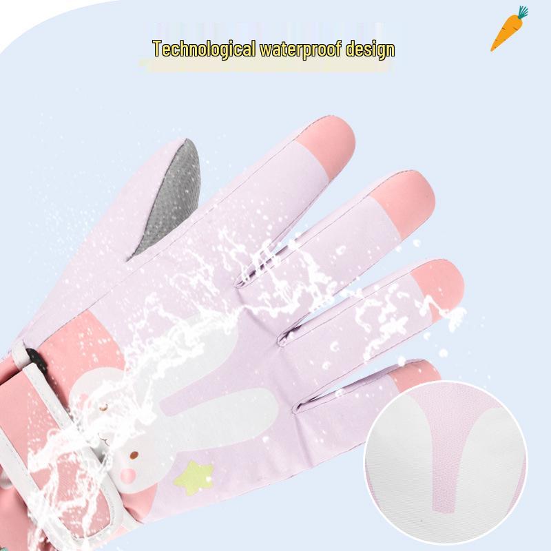 Pink Cartoon Fingerless Cotton Gloves for Girls - Windproof, Warm Winter Cycling and Outdoor Gloves for Primary School Students