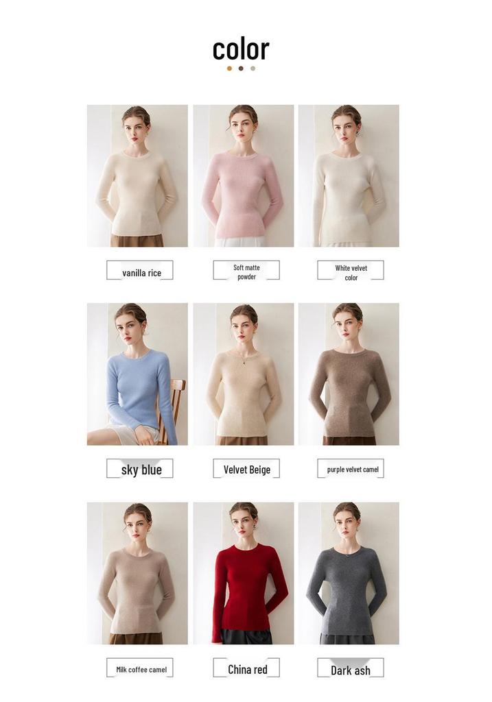 Women's Winter 2026 Pure Cashmere Ribbed Slimming Sweater - Round Neck, Sweet Style Pullover.