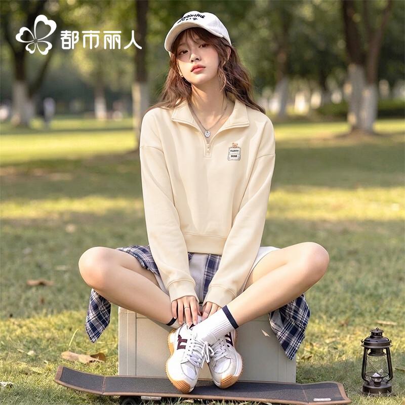 Women's Half-Zip Polo Hoodie with Bear Pocket Patch