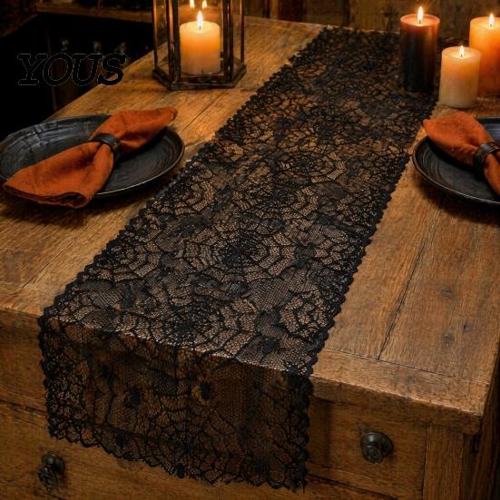 Seasonal Event Tablecloth Cobweb Lace Table Runner, Black Spider Web Gothic Runner for Halloween Dining Table, Holiday Home Decor Creepy